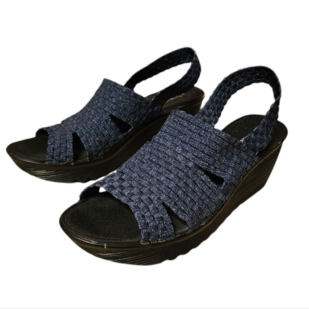 White Mt Navy Woven Open Toe Slingback Wedge Sandals Womens Sz 11 Stretch Casual - Picture 4 of 12